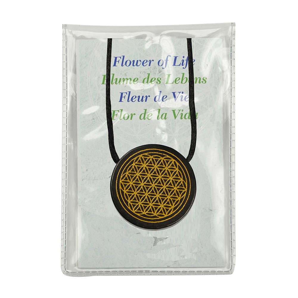 Platte gebohrt Schungit "Blume des Lebens" goldfarben, 3,5cm | Marco Schreier