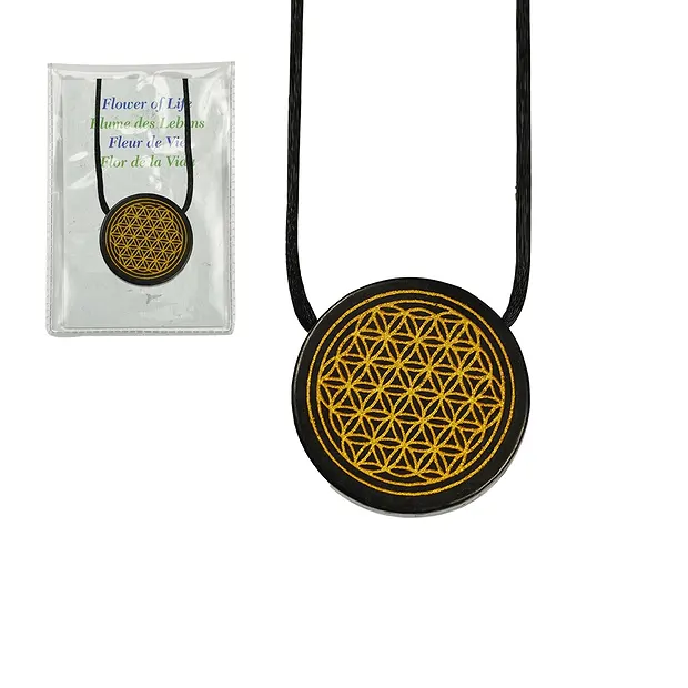 Platte gebohrt Schungit "Blume des Lebens" goldfarben, 3,5cm | Marco Schreier