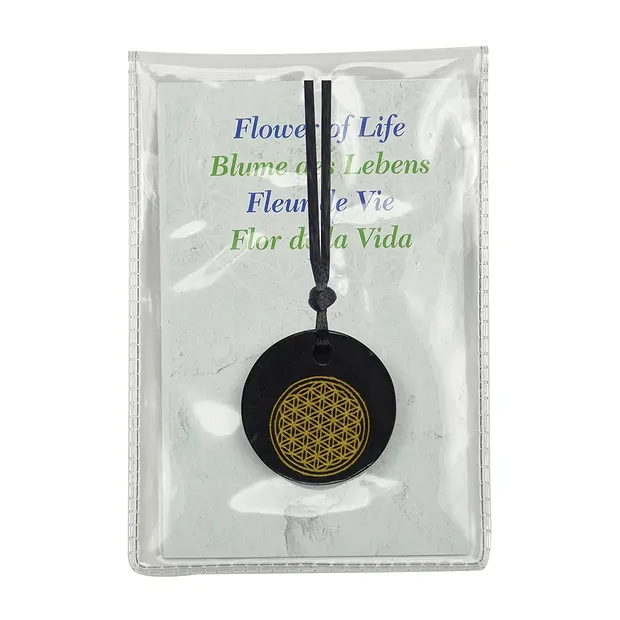 Slab front drilled Shungite (stab.) flower of life gold colored, 3,5cm | Marco Schreier