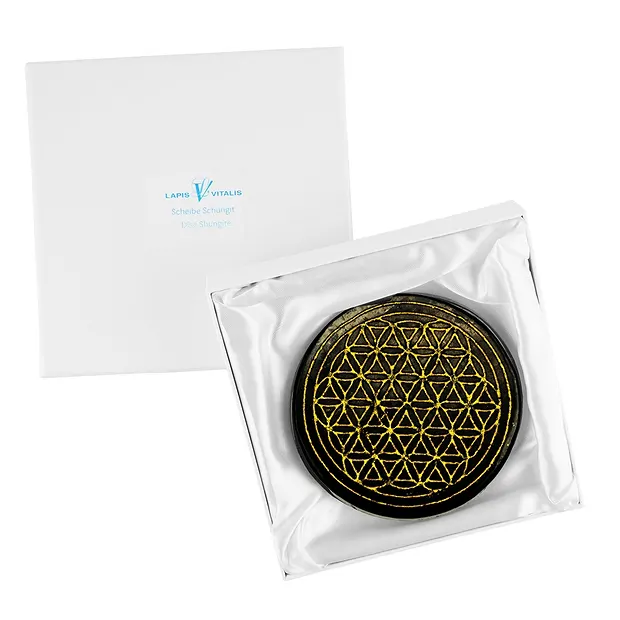 Scheibe Schungit (stab.) "Blume des Lebens" goldfarben, 9cm, in Geschenkschachel | Marco Schreier