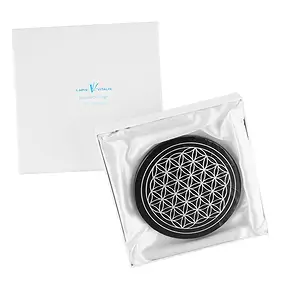 Disque Shungite (stab.) Fleur de vie argent, 9cm, dans boîte cadeau | Marco Schreier