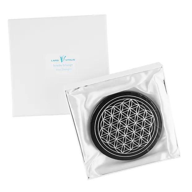 Scheibe Schungit "Blume des Lebens" silberfarben, 9cm, in Geschenkschachtel | Marco Schreier
