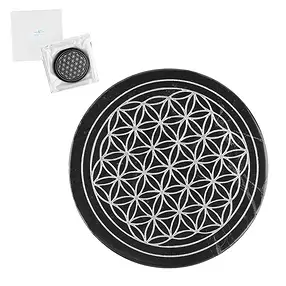 Disque Shungite (stab.) Fleur de vie argent, 9cm, dans boîte cadeau | Marco Schreier
