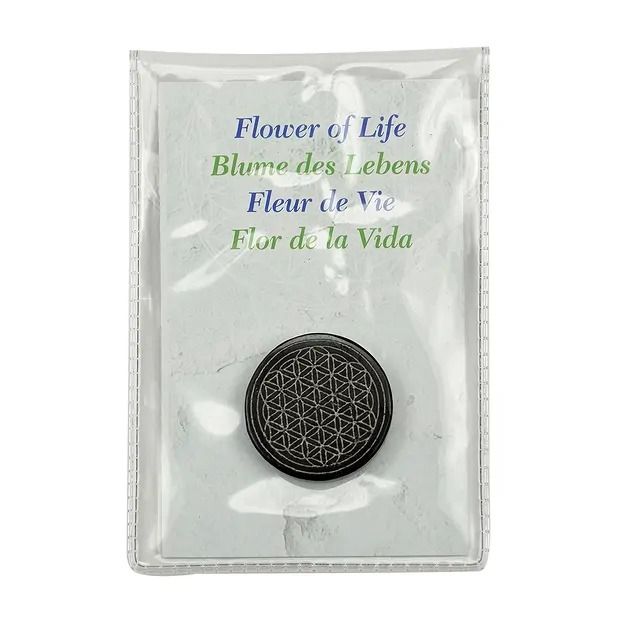 Shungite disc (stab.) Flower of Life silver, 3.5cm, pouch | Marco Schreier
