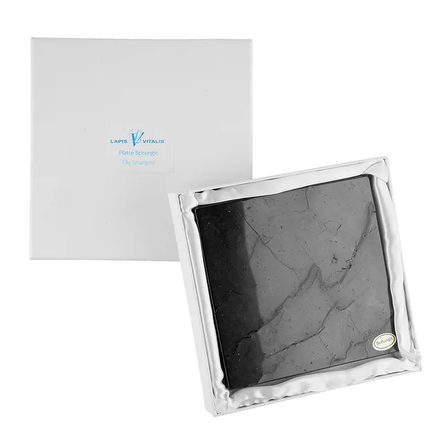 Placa de Shungita (estabilizada), 08 x 08 cm, en caja de regalo, | Marco Schreier