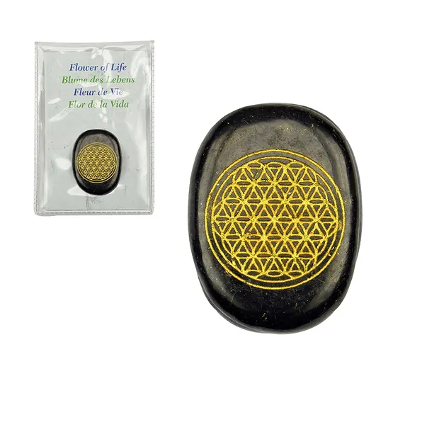 Shungite slice "Flower of Life" gold-colored, 4.0 cm, in pouch | Marco Schreier