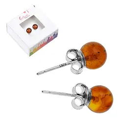 Earstuds Amber (rec.) ball, 8mm, rhodiniert | wholesaler gems & healing stones
