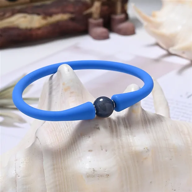 Bracelet, quartz bleu, boule (8mm) silicone (bleu), 15cm (court) | Marco Schreier