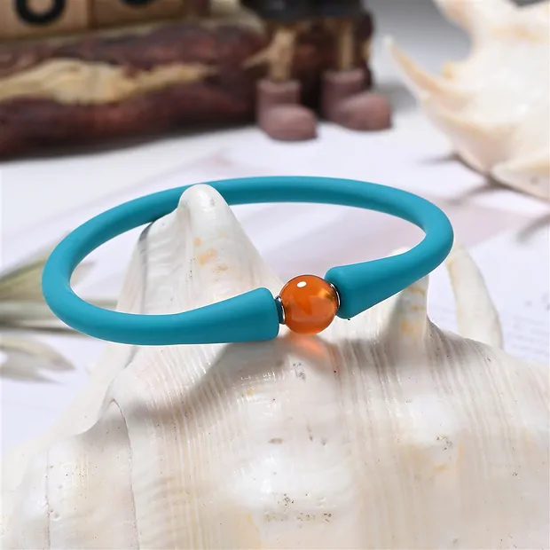 Armband, Carneol (gebr.), Kugel (8mm) Silikon (türkis), 15cm (kurz) | Marco Schreier