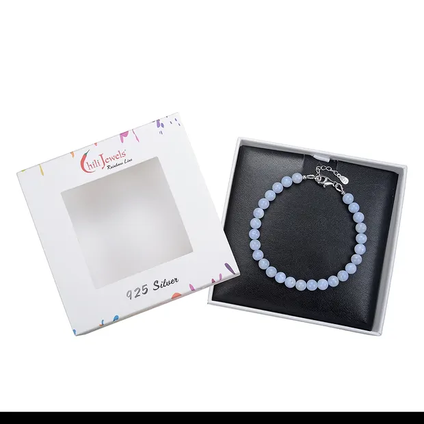 Bracelet en Calcédoine (bleu), boules de 6mm, Chaîne d'extension, rhodié | Marco Schreier