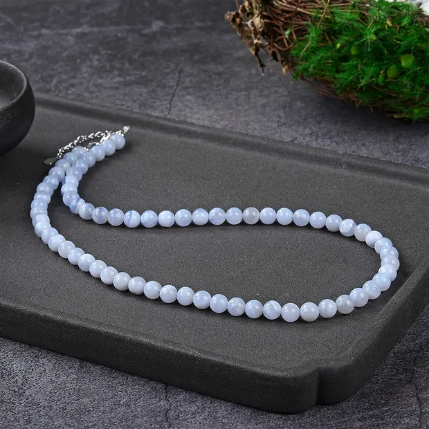 Bracelet en Calcédoine (bleu), boules de 6mm, Chaîne d'extension, rhodié | Marco Schreier