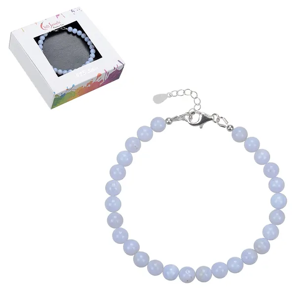 Bracelet en Calcédoine (bleu), perles (6mm), rhodié | Marco Schreier