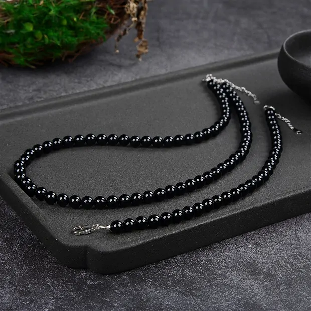 Onyx necklace, beads (6mm), rhodiniert, extension chain | Marco Schreier