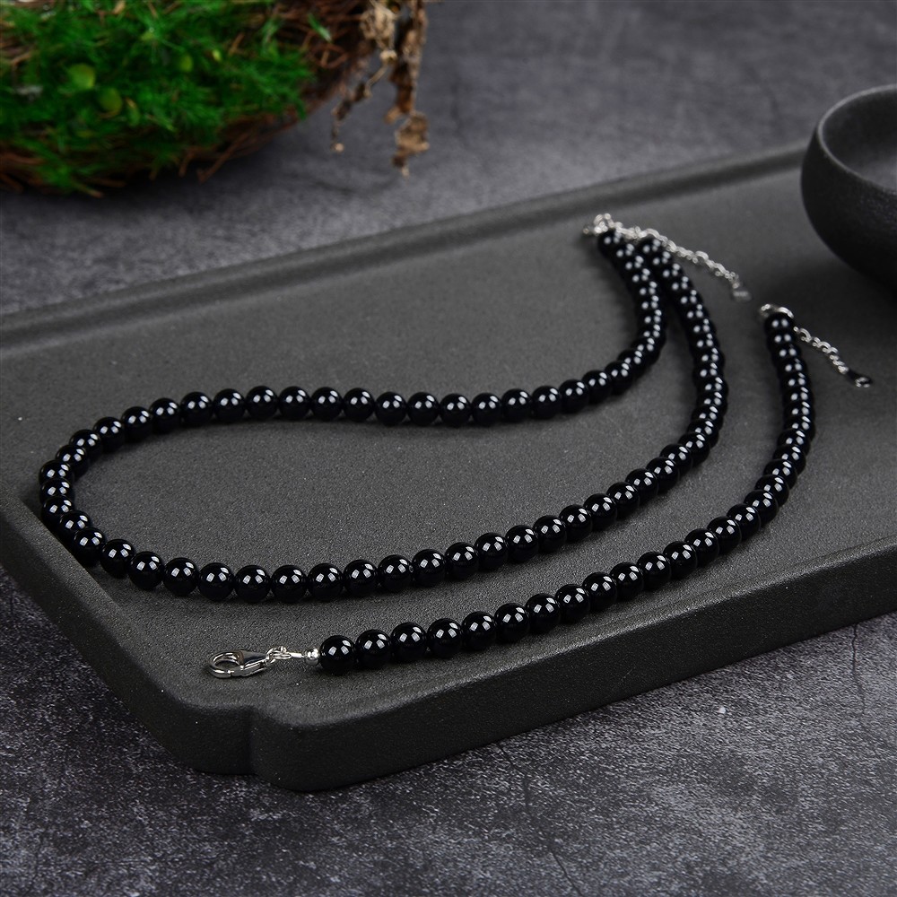 Bracelet Onyx, 6mm beads, extension chain, rhodiniert | Marco Schreier