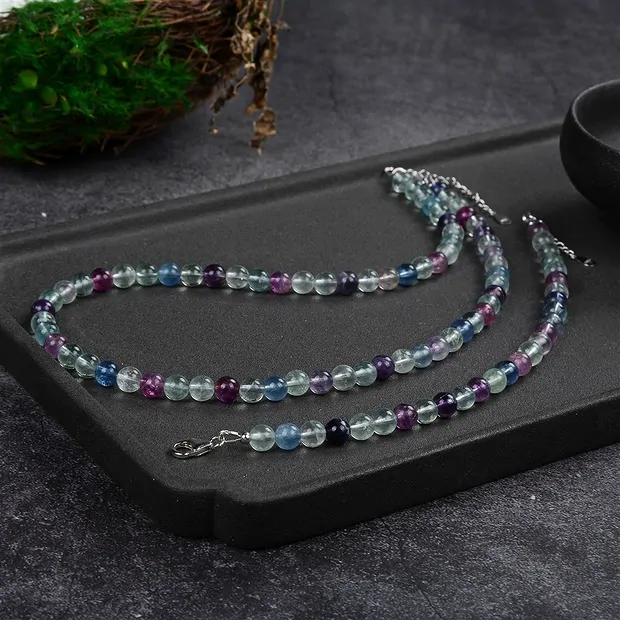 Necklace fluorite, beads (6mm), rhodiniert, extension chain | Marco Schreier