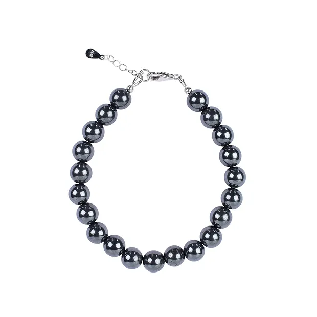 Bracciale di Ematite (naturale), perle da 8 mm, catena di estensione, rodiato | Marco Schreier