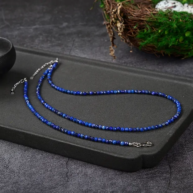 Collar Lapislázuli, cuentas (3mm) facetadas, rodinado, prolongación cadena | Marco Schreier