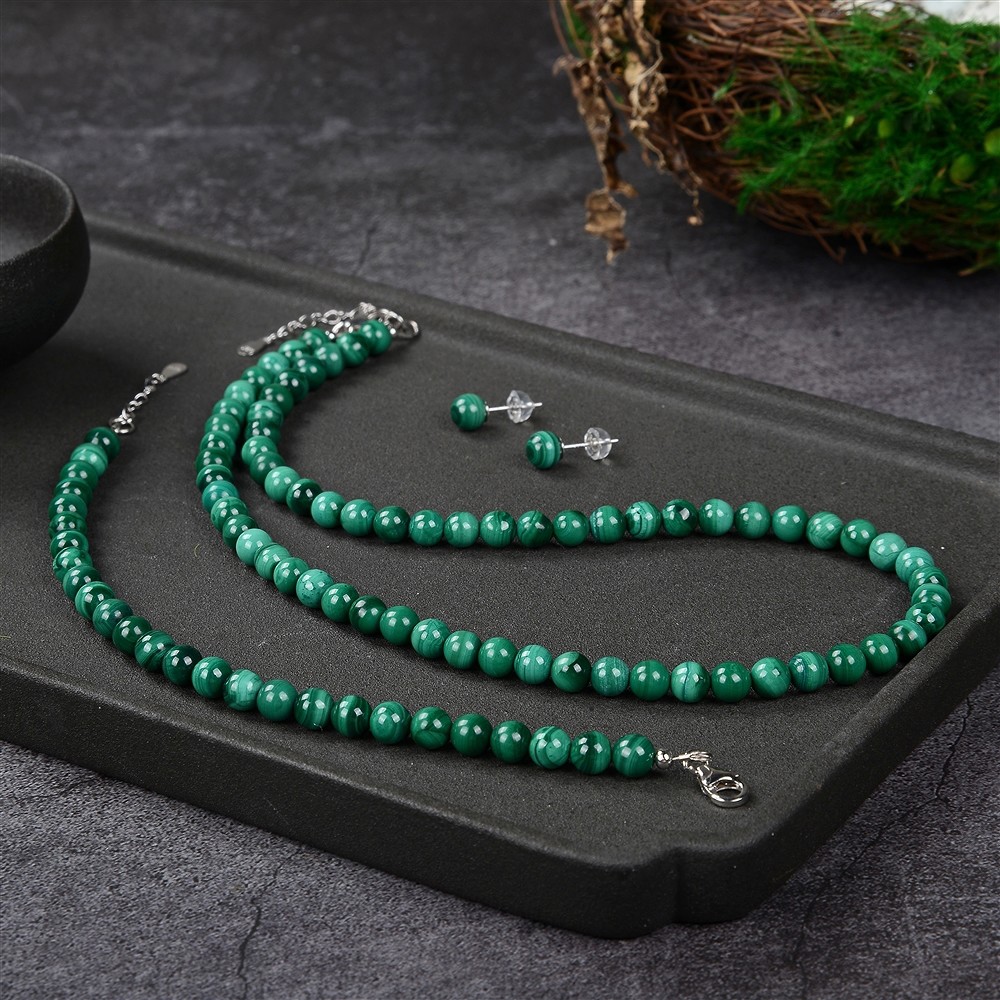 Necklace Malachite (stab.), beads (6mm), rhodiniert, extension chain | Marco Schreier