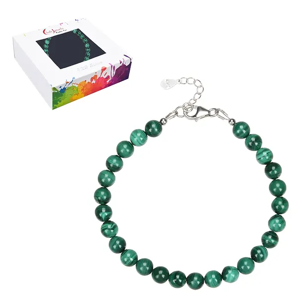 Bracelet en Malachite (stab.), boules de 6 mm, Chaîne d'extension, rhodié | Marco Schreier