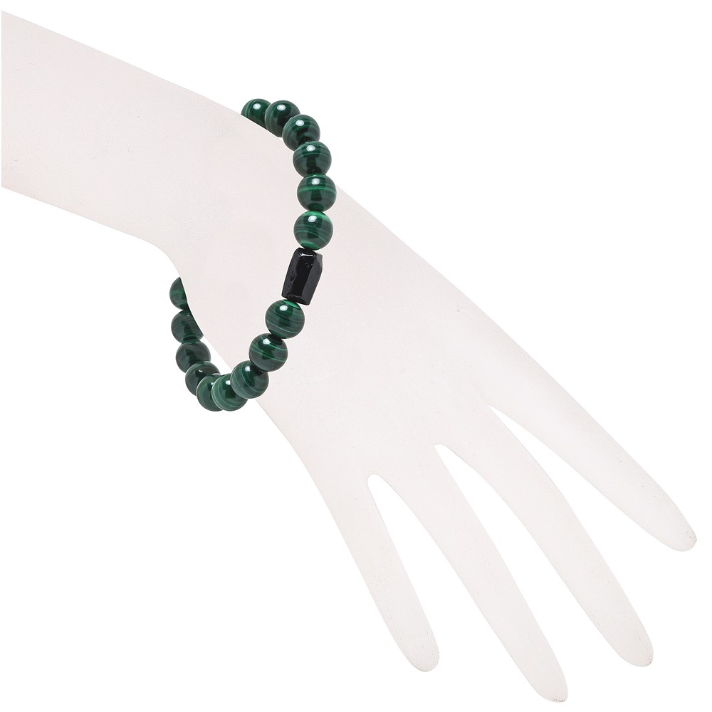 Pulsera, Malaquita (estabilizada), Turmalina negra (chorlo), cuentas de 10mm  | Marco Schreier