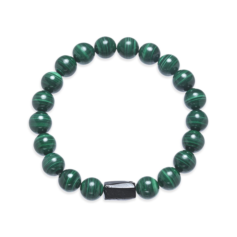 Pulsera, Malaquita (estabilizada), Turmalina negra (chorlo), cuentas de 10mm  | Marco Schreier