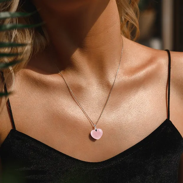 Rose Quartz pendant, heart (28mm), 4.2cm, rhodiniert | Marco Schreier