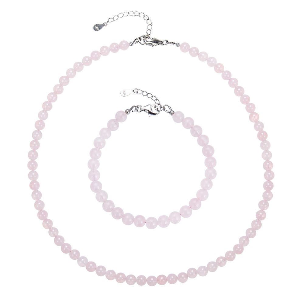 Bracelet Rose Quartz, 6mm beads, extension chain, rhodiniert | Marco Schreier