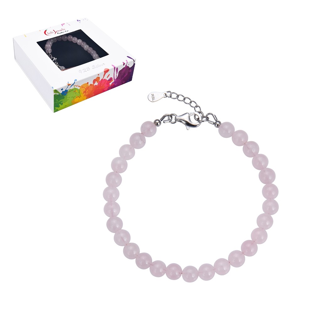Bracelet Rose Quartz, 6mm beads, extension chain, rhodiniert | Marco Schreier