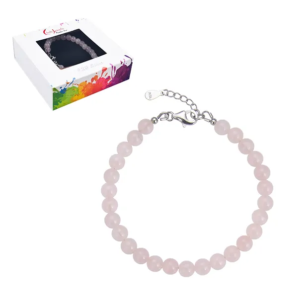 Armband Rosenquarz, Kugeln (6mm), rhodiniert | Edelsteine, Heilsteine & Schmuck