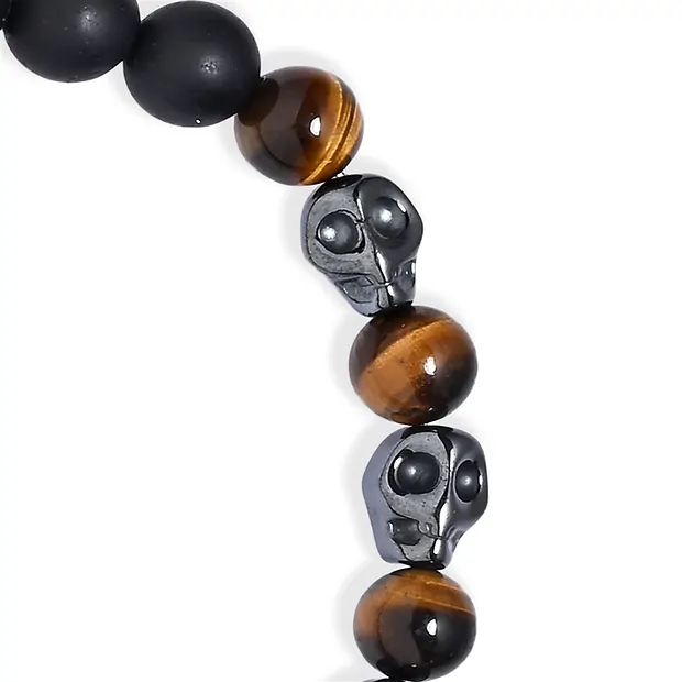 Pulsera con calavera de cristal, Turmalina negra (chorlo), Ojo de tigre y Hematita (21 cm) | Marco Schreier