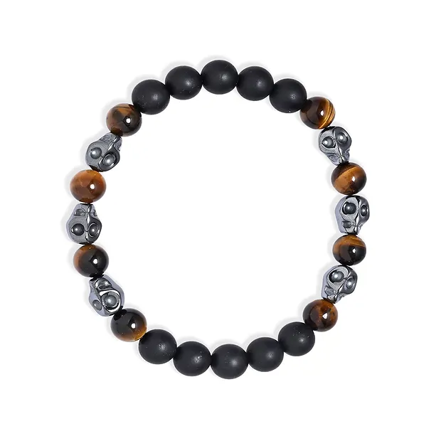 Pulsera con calavera de cristal, Turmalina negra (chorlo), Ojo de tigre y Hematita (21 cm) | Marco Schreier