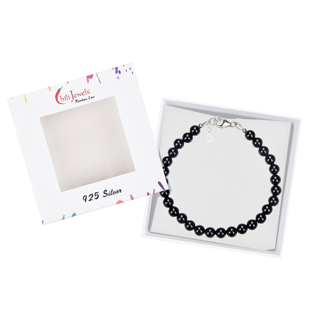 Bracelet en Schorl (stab.), boules de 06mm, Chaîne d'extension, rhodié | Marco Schreier