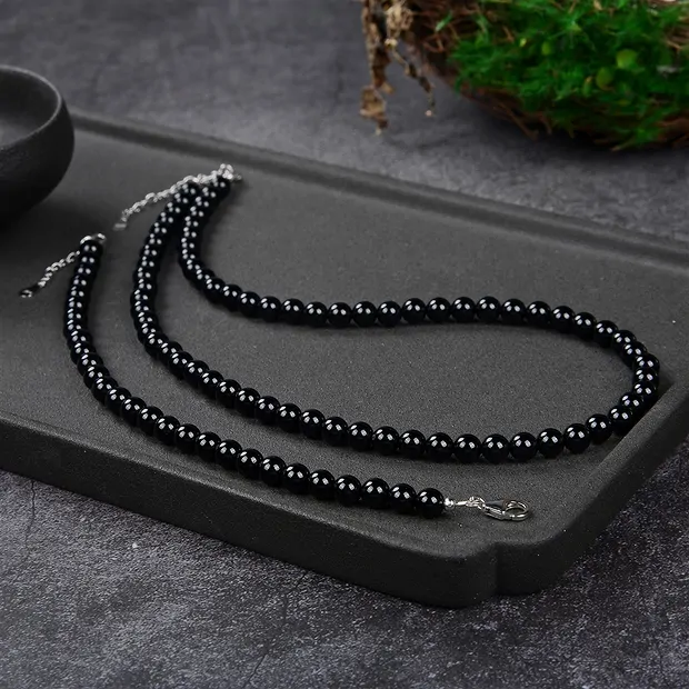 Bracelet en Schorl (stab.), boules de 06mm, Chaîne d'extension, rhodié | Marco Schreier