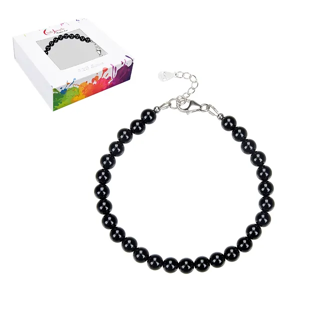 Tourmaline (black) bracelet (stab.), 06mm beads, extension chain, rhodiniert | Marco Schreier