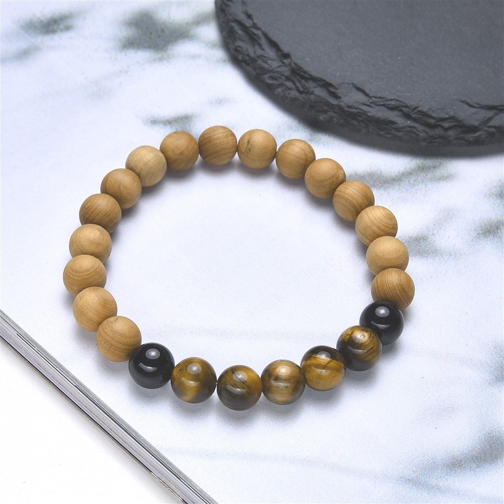 Bracelet, Tiger's Eye, Tourmaline (black), sandalwood, 8mm, 17cm | Marco Schreier