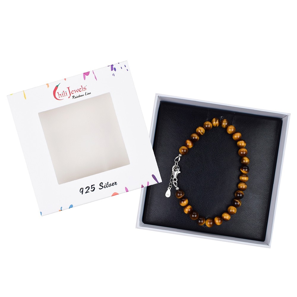 Bracelet Tiger's Eye, 6mm beads, extension chain, rhodiniert, gift box | Marco Schreier