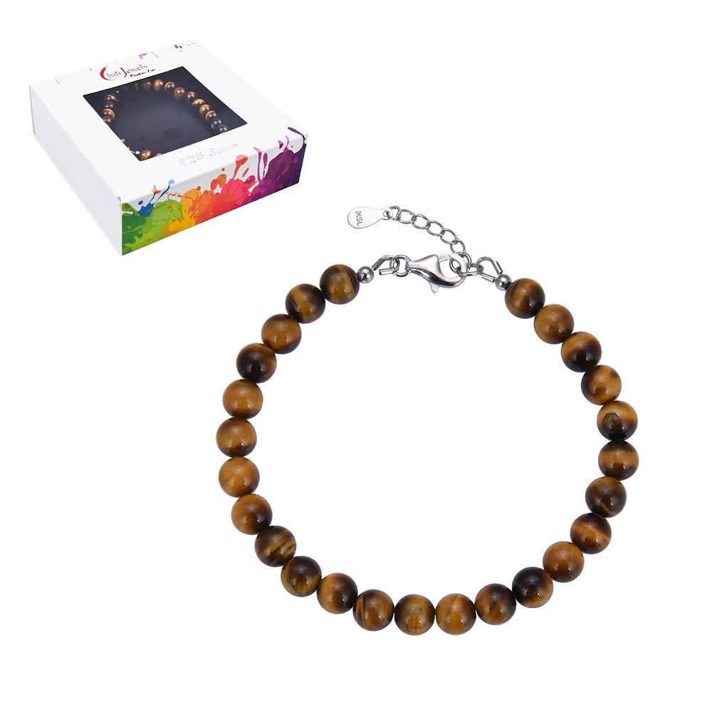 Bracelet Tiger's Eye, 6mm beads, extension chain, rhodiniert, gift box | Marco Schreier