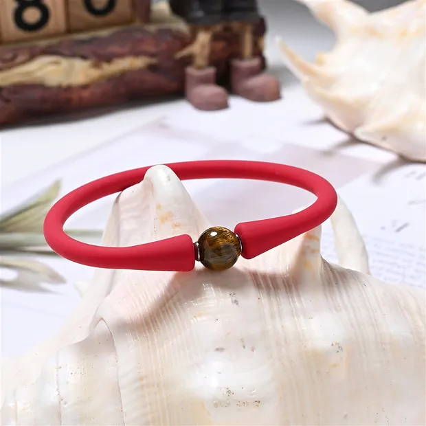 Bracelet, Oeil-de-tigre, boule (8mm) avec silicone (rouge), 15cm (court) | Marco Schreier