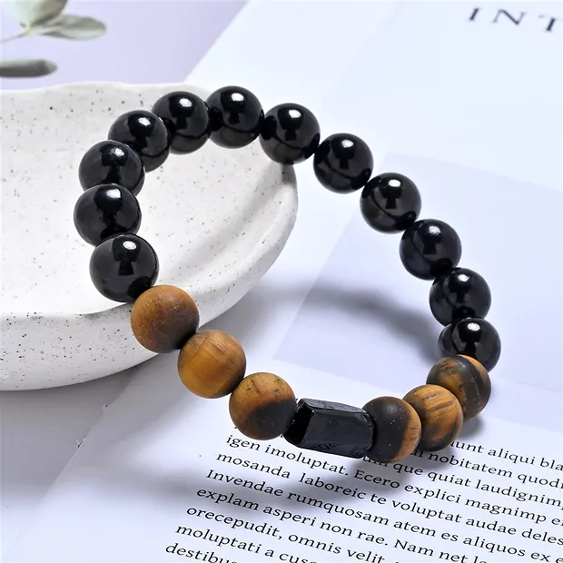 Bracelet, Shungite (stab.), Oeil-de-tigre, Schorl, boules 10mm | Marco Schreier