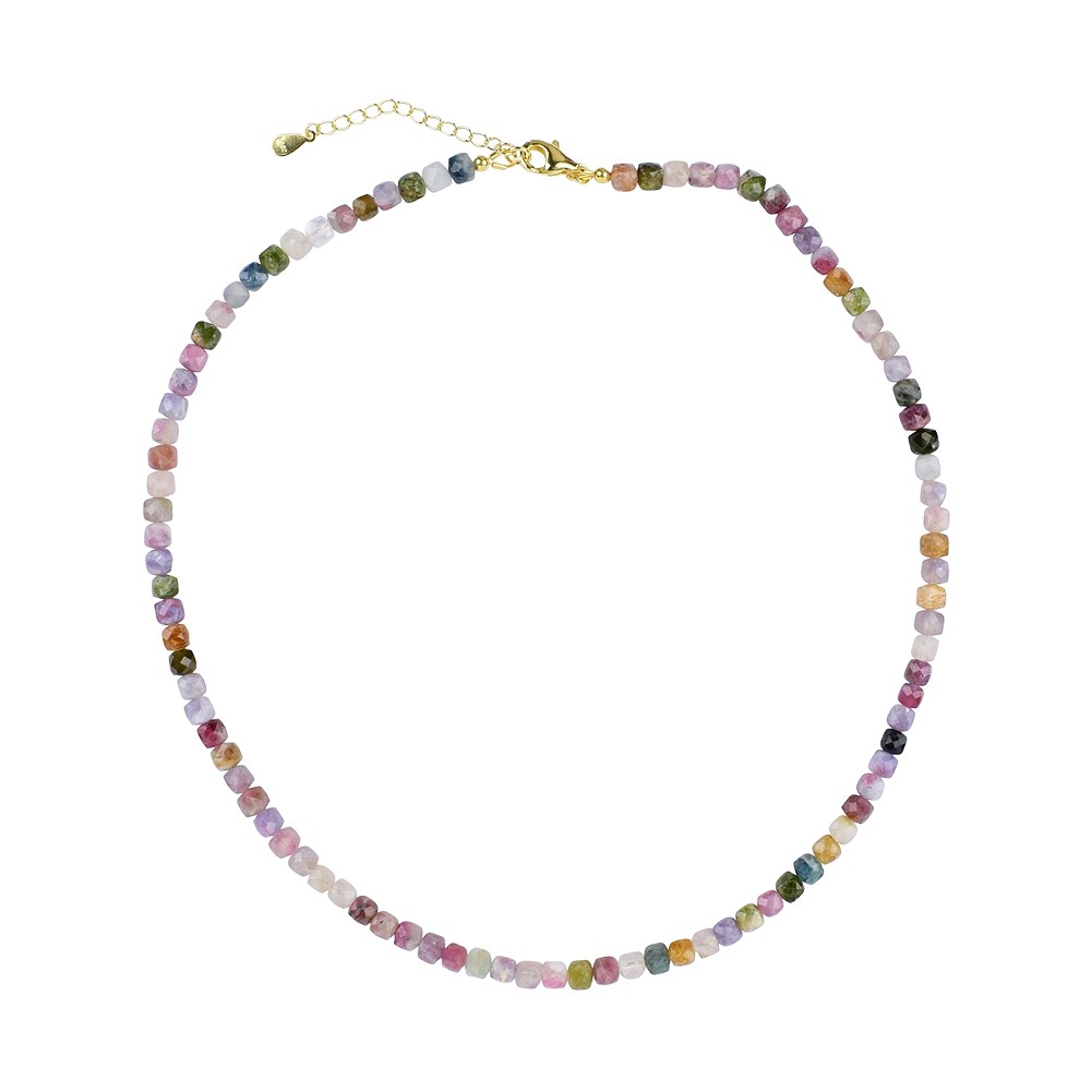 Kette Turmalin (bunt), Würfel (4mm) facettiert, vergoldet, Verlängerungskettchen | Marco Schreier