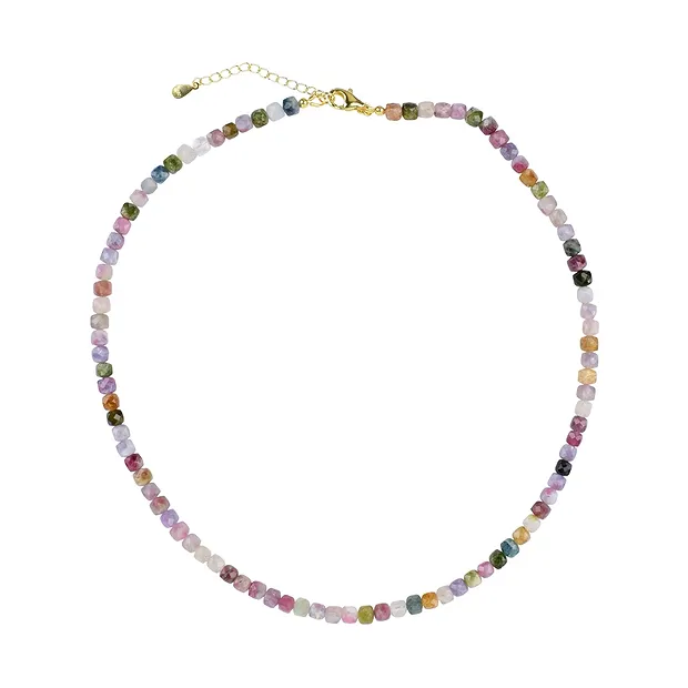 Kette Turmalin (bunt), Würfel (4mm) facettiert, vergoldet, Verlängerungskettchen | Marco Schreier