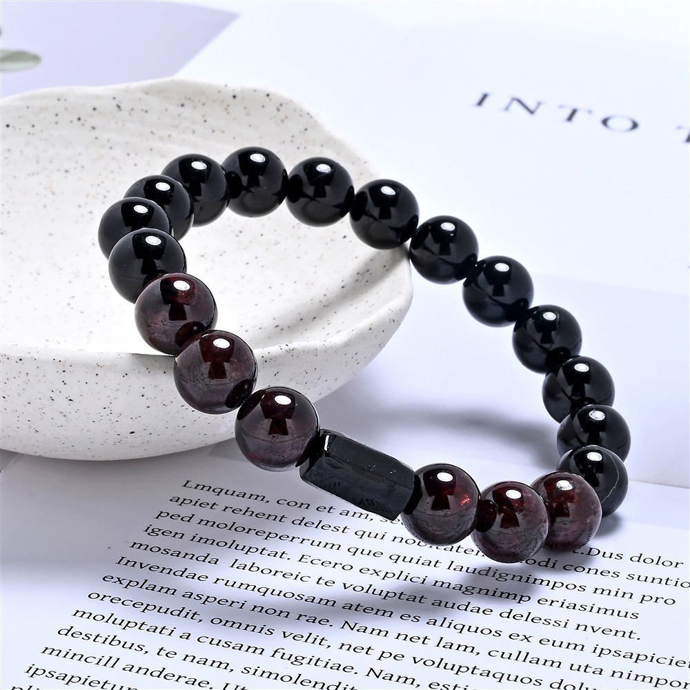 Bracciale, Schorl, granato, perline da 10 mm | grossista gemme e pietre curative