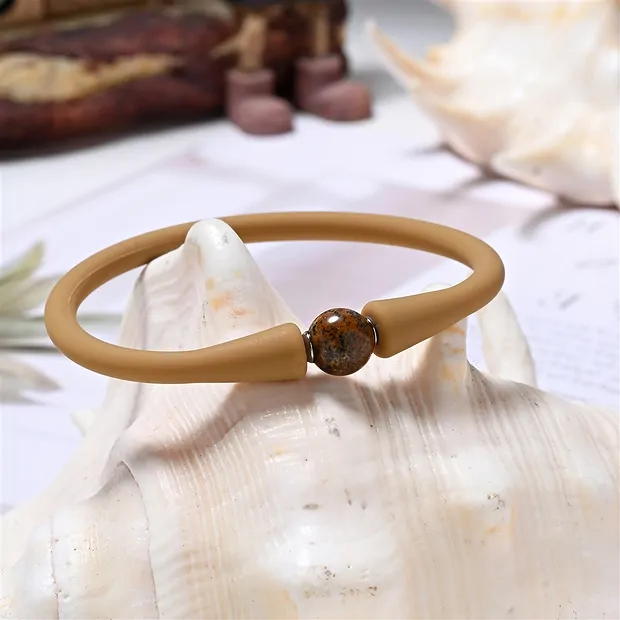 Armband, Jaspis (Bilderjaspis), Kugel (8mm) mit Silikon (beige), 15cm (kurz) | Marco Schreier