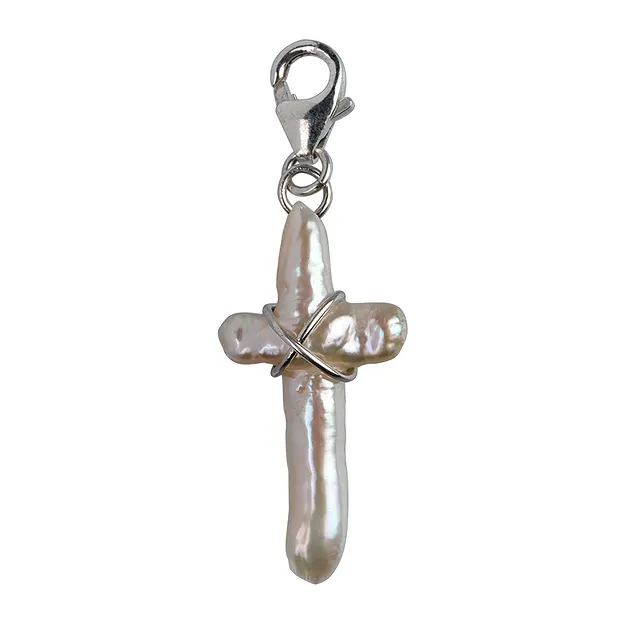 Charm, Perle Kreuzform mit 925 Silber Draht gefasst und Karabiner | Marco Schreier