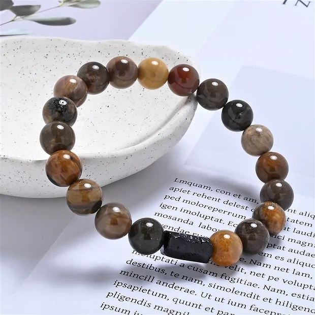Bracelet, Petrified Wood, Tourmaline (black), 10mm beads | Marco Schreier