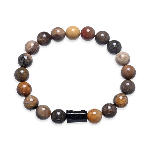 Bracelet, Petrified Wood, Tourmaline (black), 10mm beads | Marco Schreier