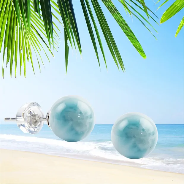 Earstuds Larimar, ball, 8mm, rhodiniert | wholesaler gems & healing stones