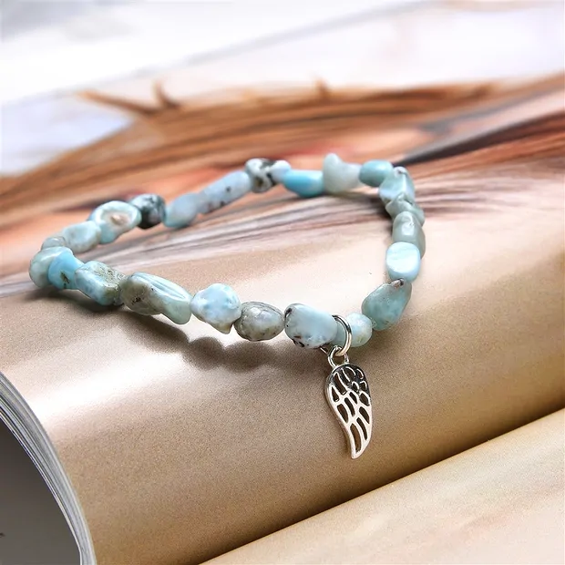 Pulsera, Larimar, pepitas de 0,6 mm, alas de plata, 15 cm (corta) | Marco Schreier