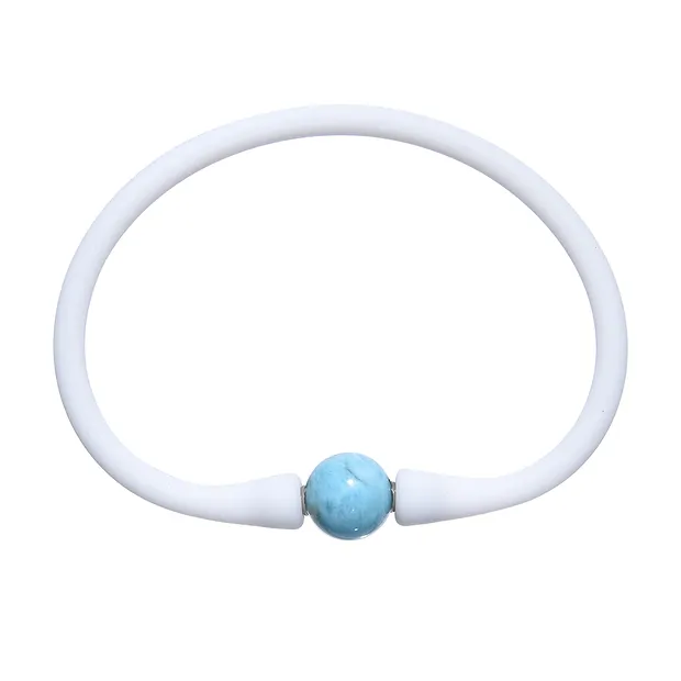 Bracelet en perles rondes Larimar (10mm), silicone (blanc), 18cm | Marco Schreier