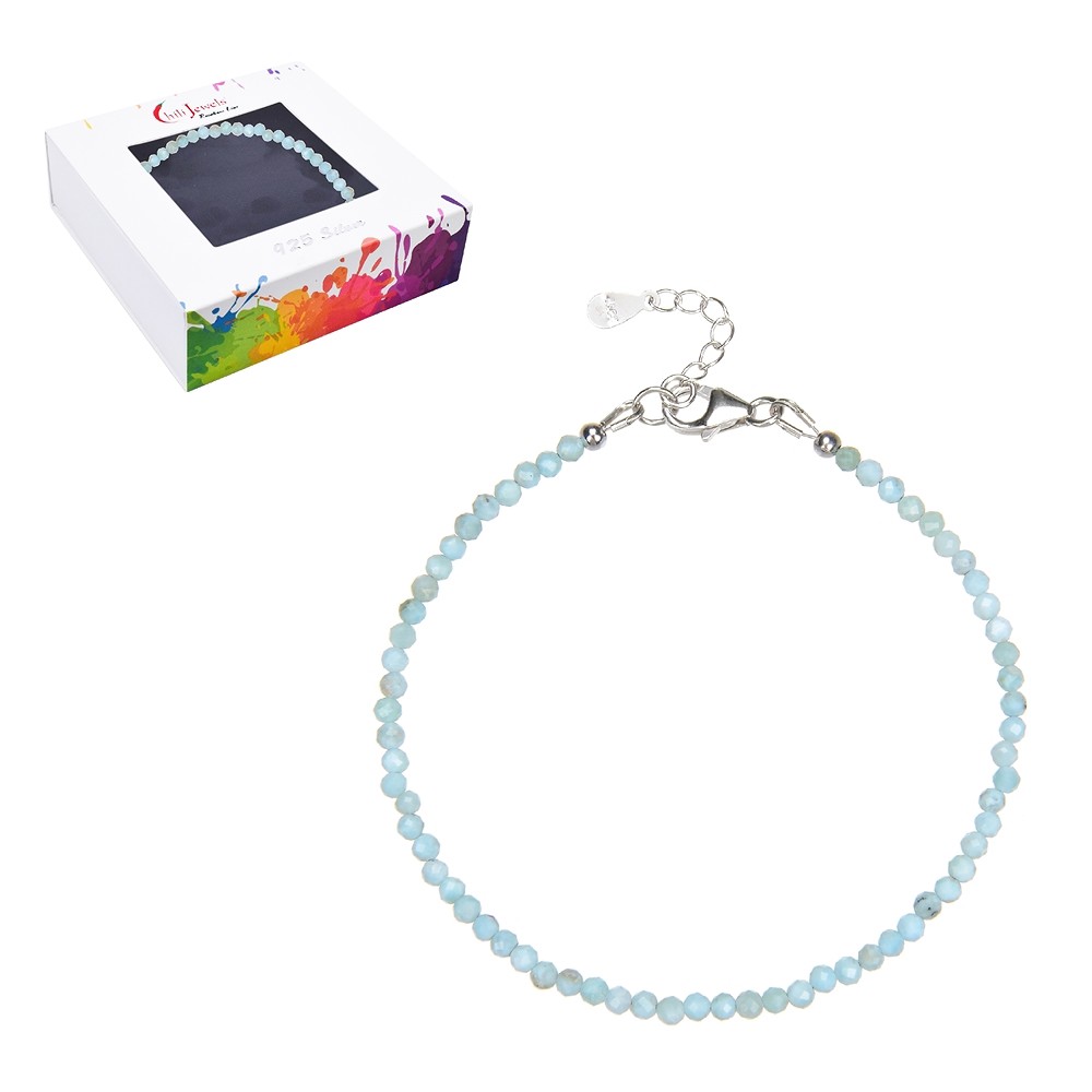 Bracciale in Larimar, perle sfaccettate da 3 mm, rodiato, catena di prolunga | Marco Schreier